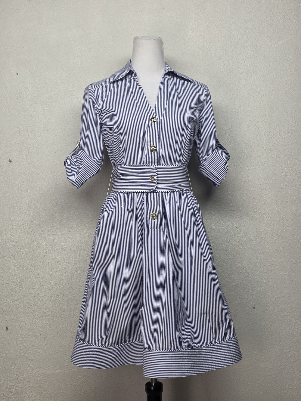 Elizabeth McKay Grace Pincord Blue and White Striped Midi Shirtdress 100% Cotton - Picture 2 of 9